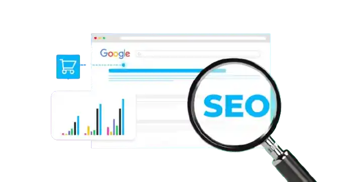 Izrada Web Shopa 2 Povećalo iznad Googlea koje uvaćava tekst na kojem piše SEO