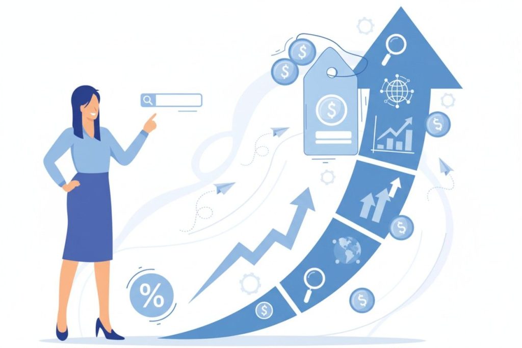 Osoba koja pokazuje tražilicu, i slika koja simbolizira cijenu, graf, rast i SEO